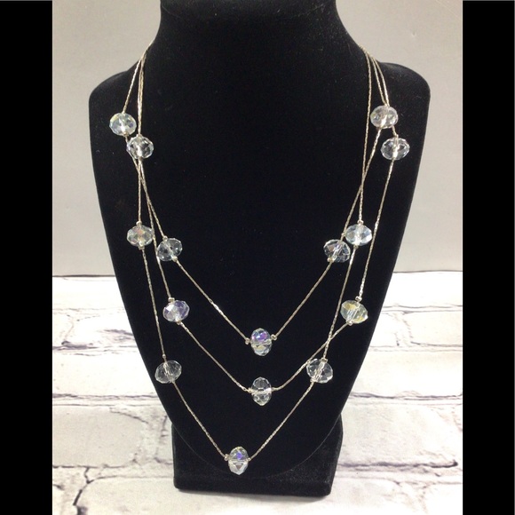Iridescent glass crystal silver tone 3 strand sparkle necklace - Picture 1 of 7